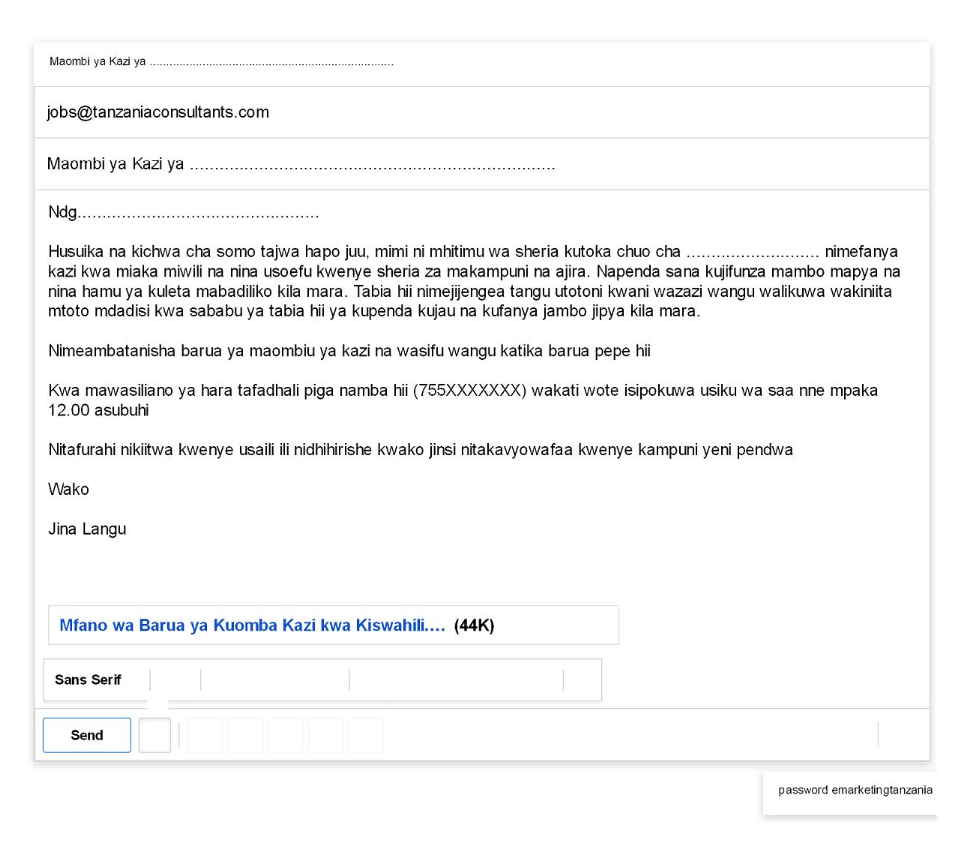 Mfano wa Barua ya Kuomba Kazi Kupitia Email kwa Kiswahili