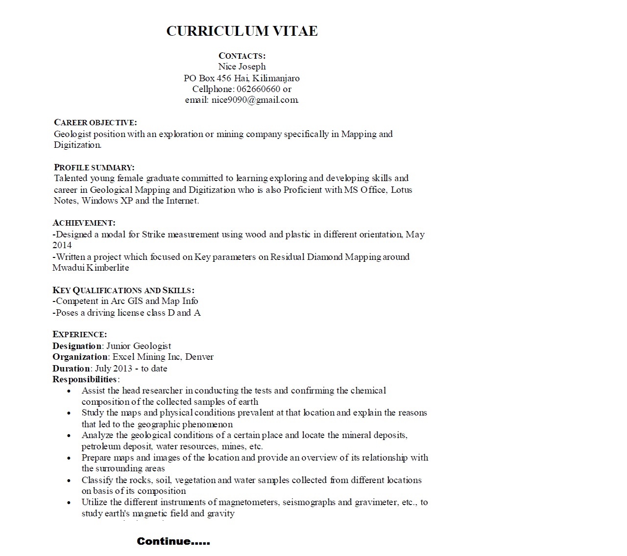 Example of a CV for a Geotechnician/Geologist