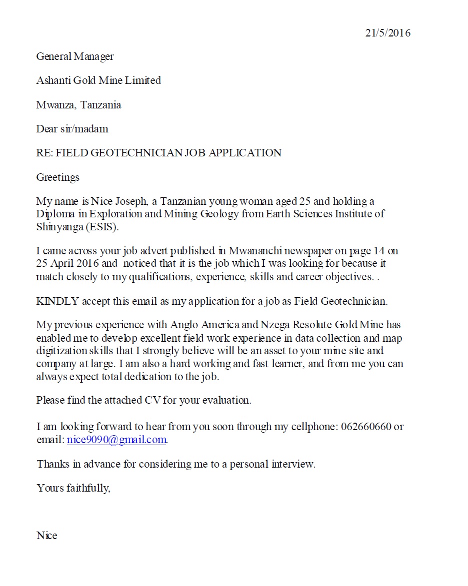 Example of Job Application Letter for a Geotechnician/Geologist